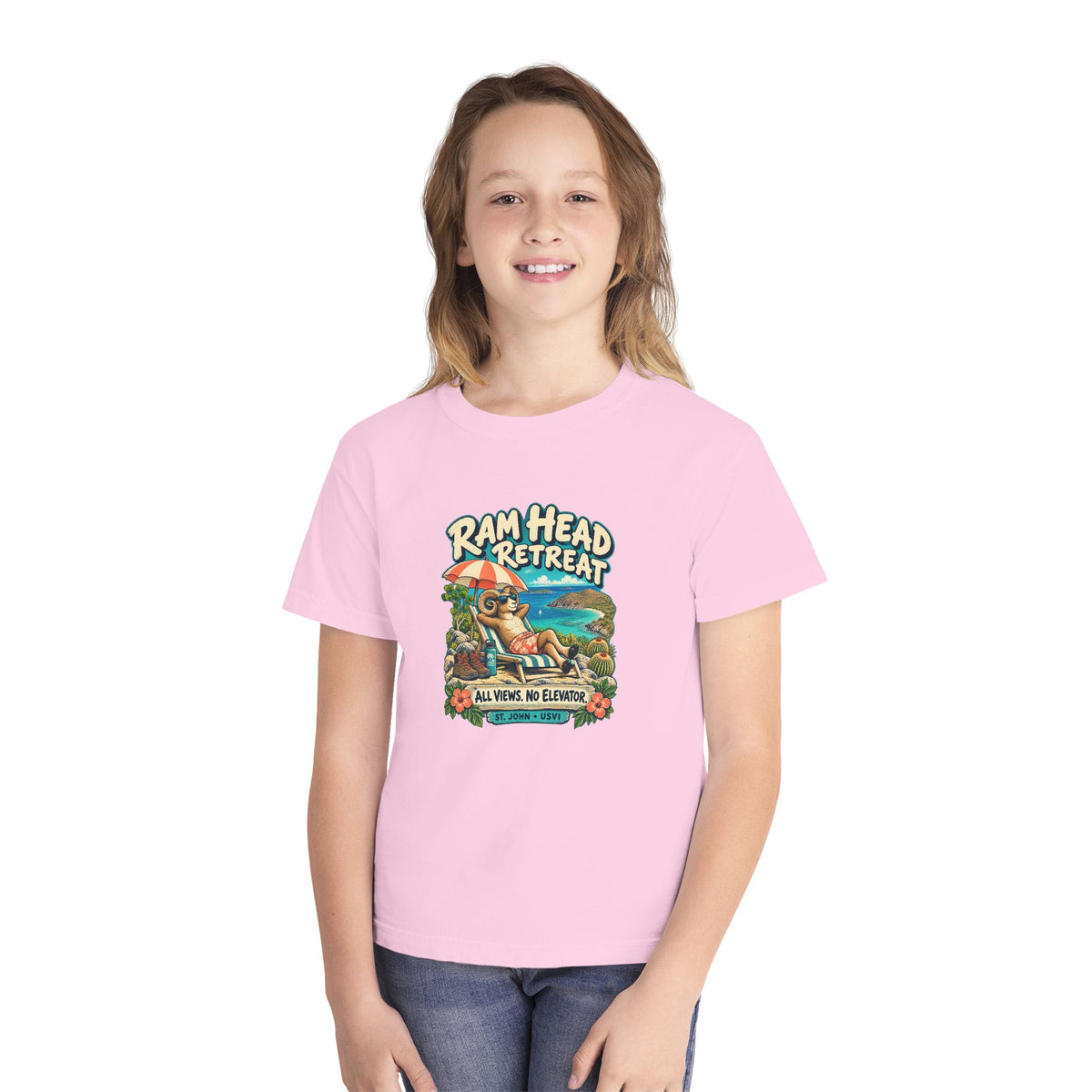Model wearing Ram Head Retreat St John USVI Comfort Colors 9018 Youth T-Shirt with the lounging ram retreat design.