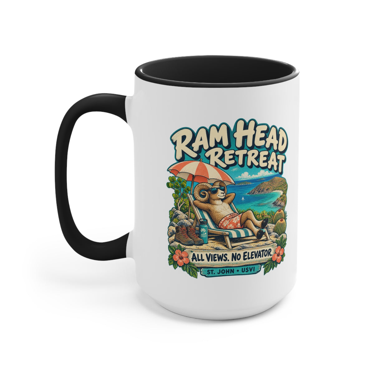 Ram Head Retreat St John USVI accent mug displaying the lounging ram design on its printed side.