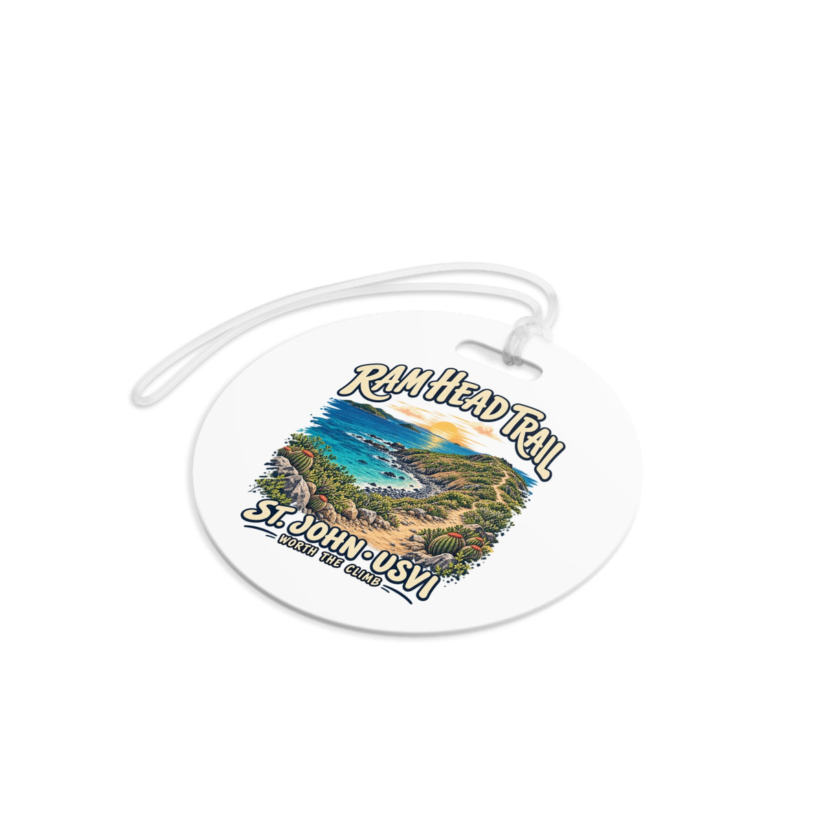 Ram Head Trail St John USVI double-sided luggage tag with coastal artwork, round shape, product view 7