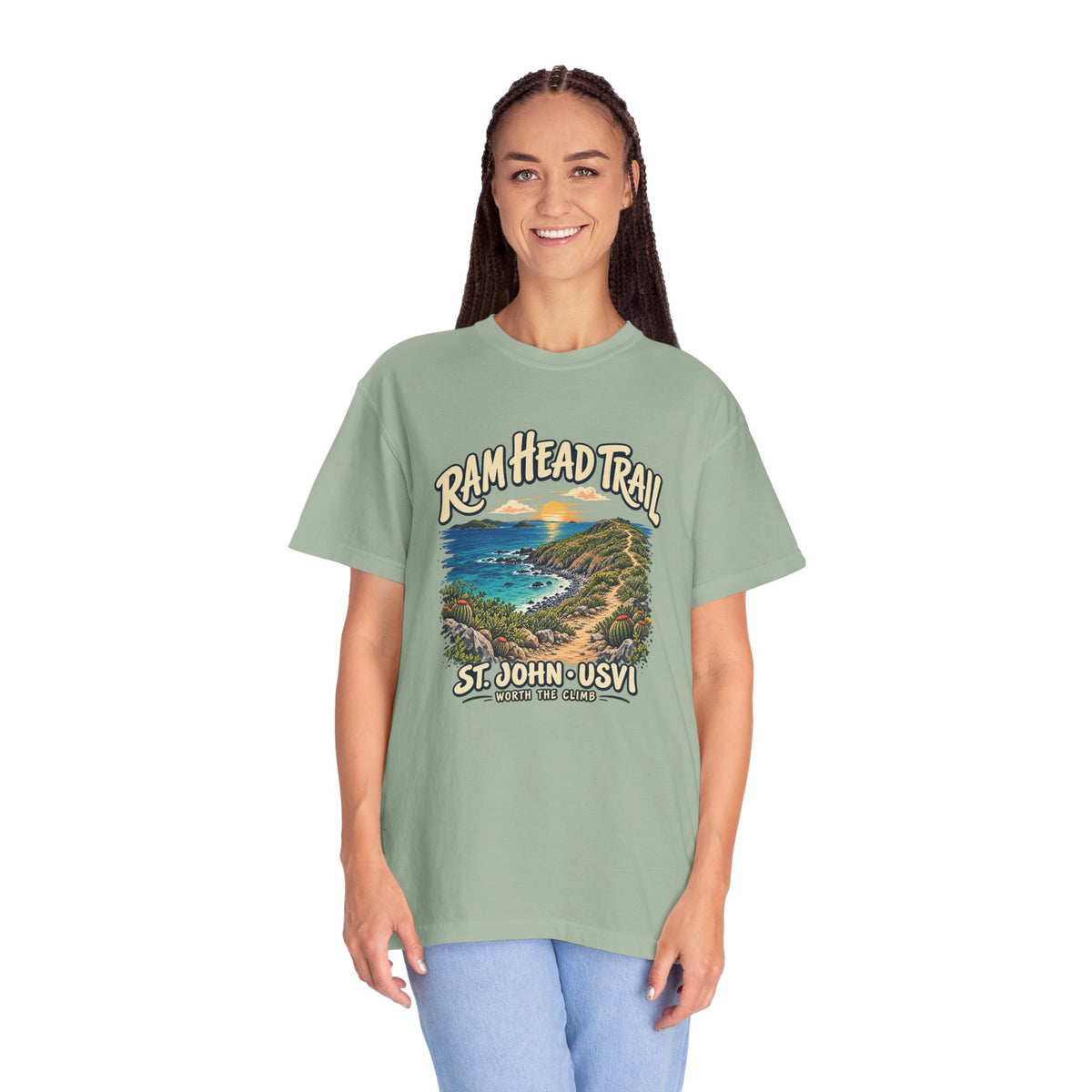 Model wearing a Comfort Colors 1717 T-shirt with the Ram Head Trail coastal illustration and St. John USVI lettering on the front.