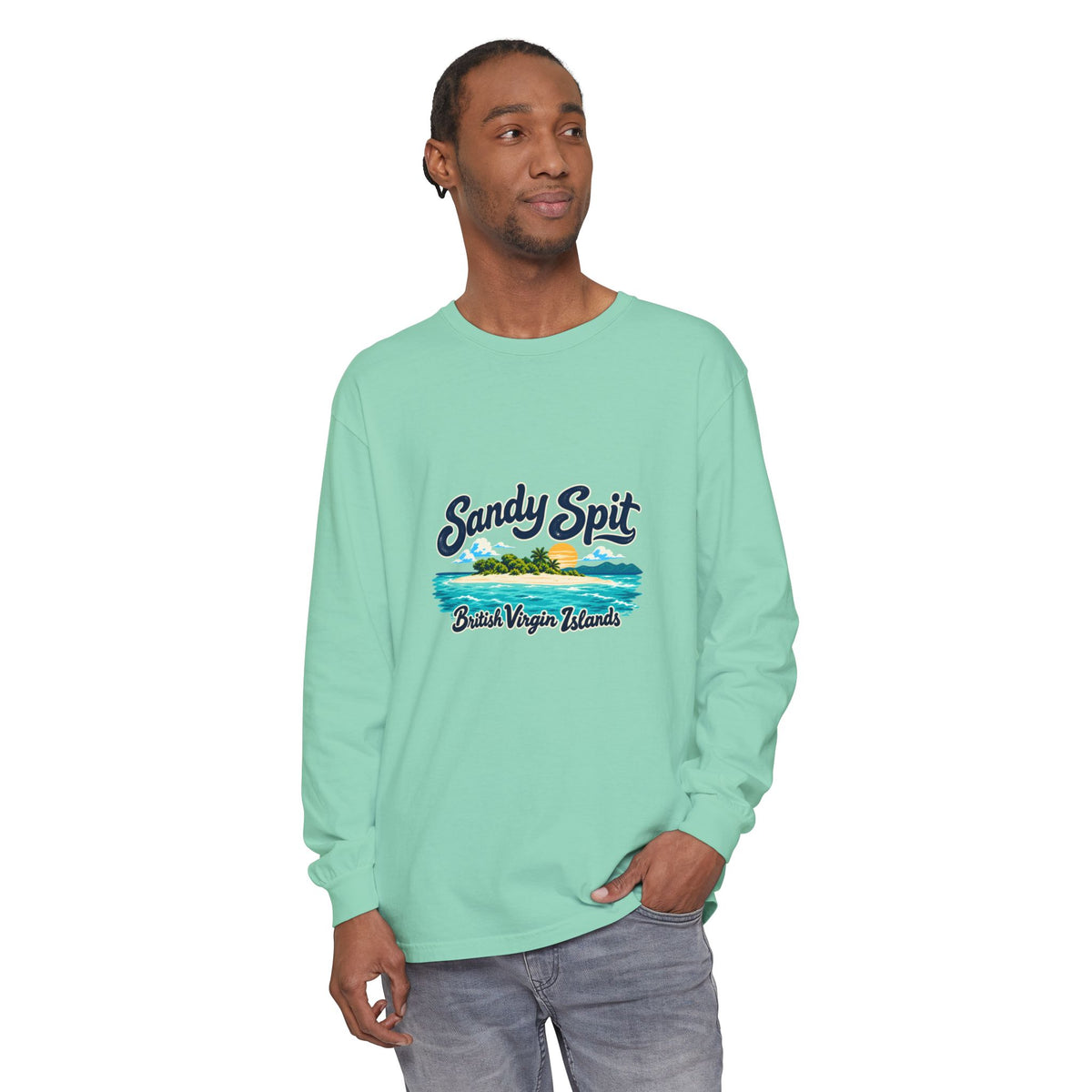 Model wearing the Sandy Spit British Virgin Islands Comfort Colors 6014 long-sleeve T-shirt.