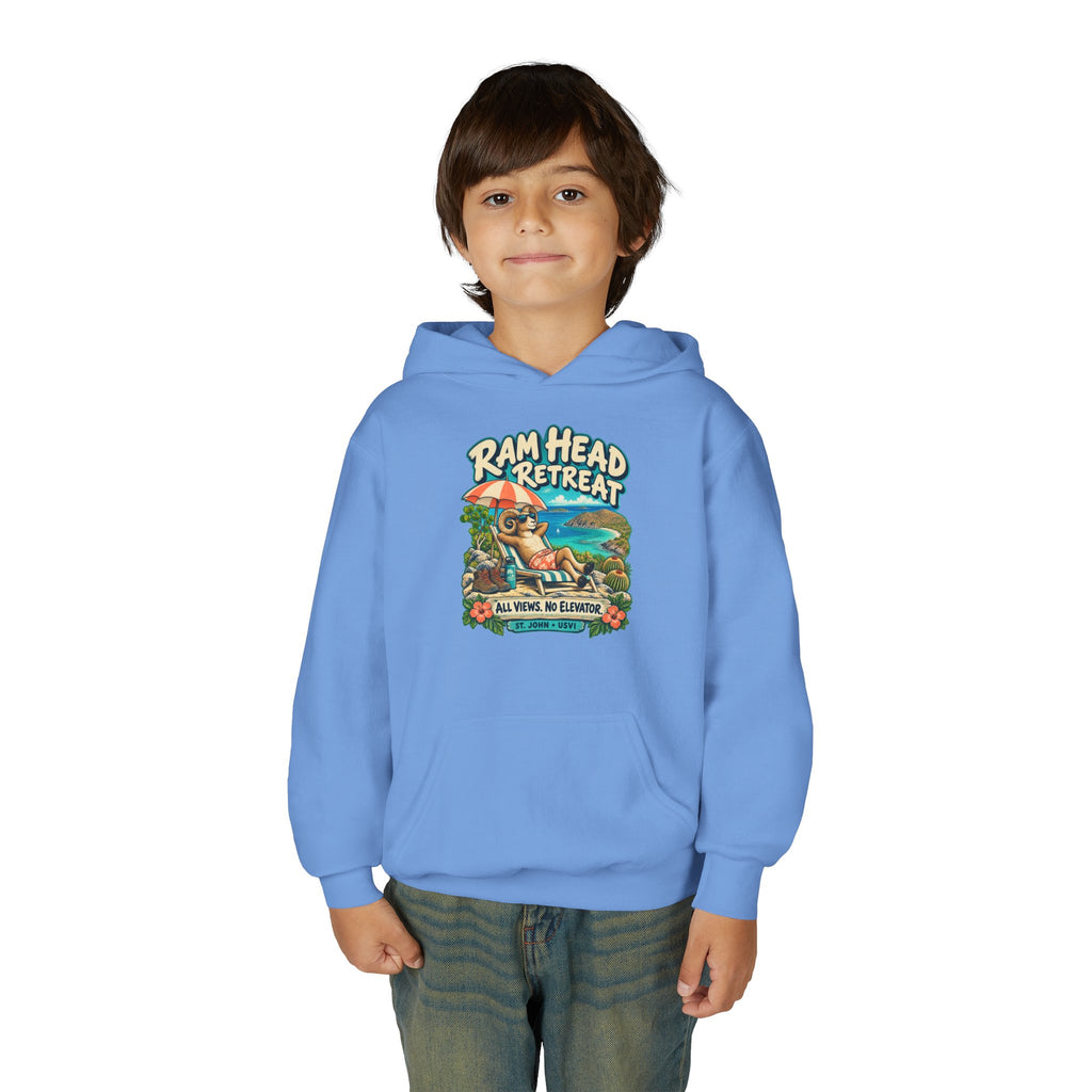 Model wearing Ram Head Retreat St John USVI Gildan 18500B Youth Hoodie with the lounging ram retreat design.
