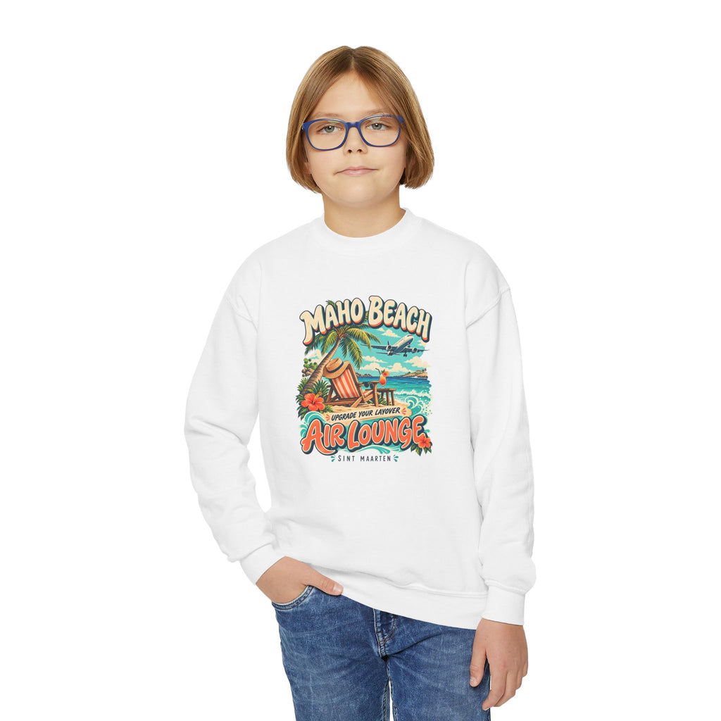 Maho Beach Air Lounge Sint Maarten Gildan 18000B Youth Sweatshirt featuring the Maho Beach destination artwork, supplier product mockup