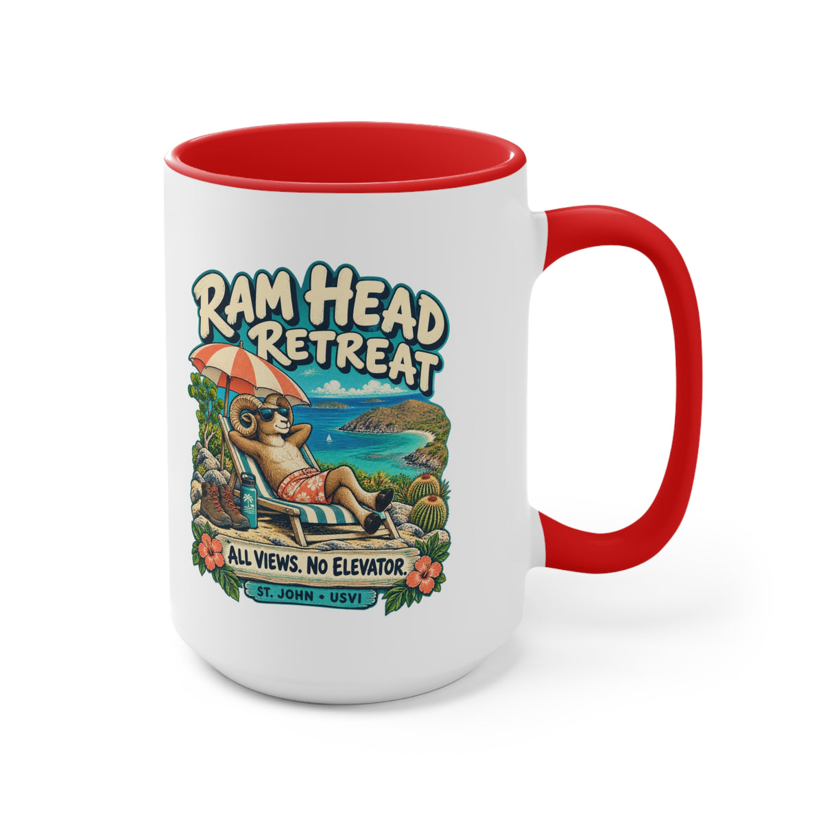 Ram Head Retreat St John USVI accent mug displaying the lounging ram design on its printed side.
