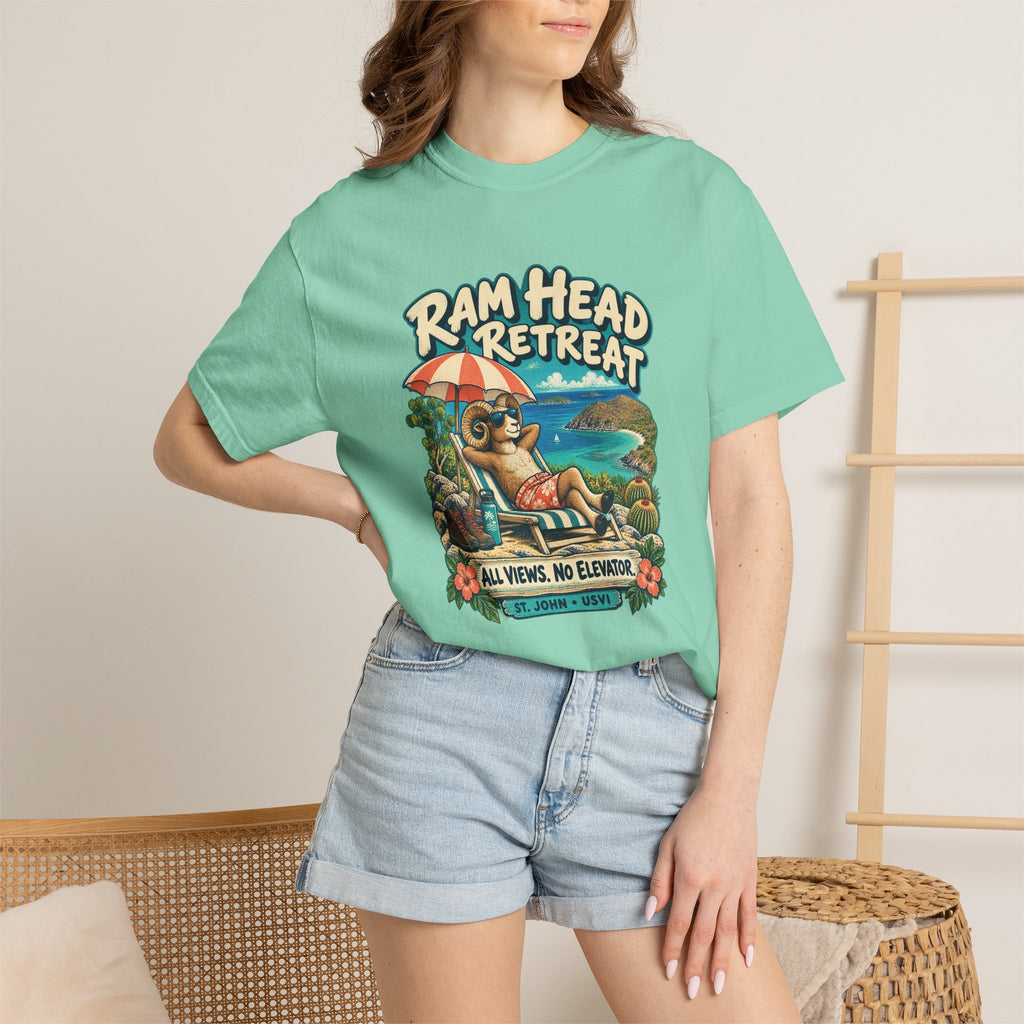 Model wearing a Comfort Colors 1717 T-shirt with the Ram Head Retreat lounging ram illustration and St. John USVI lettering.