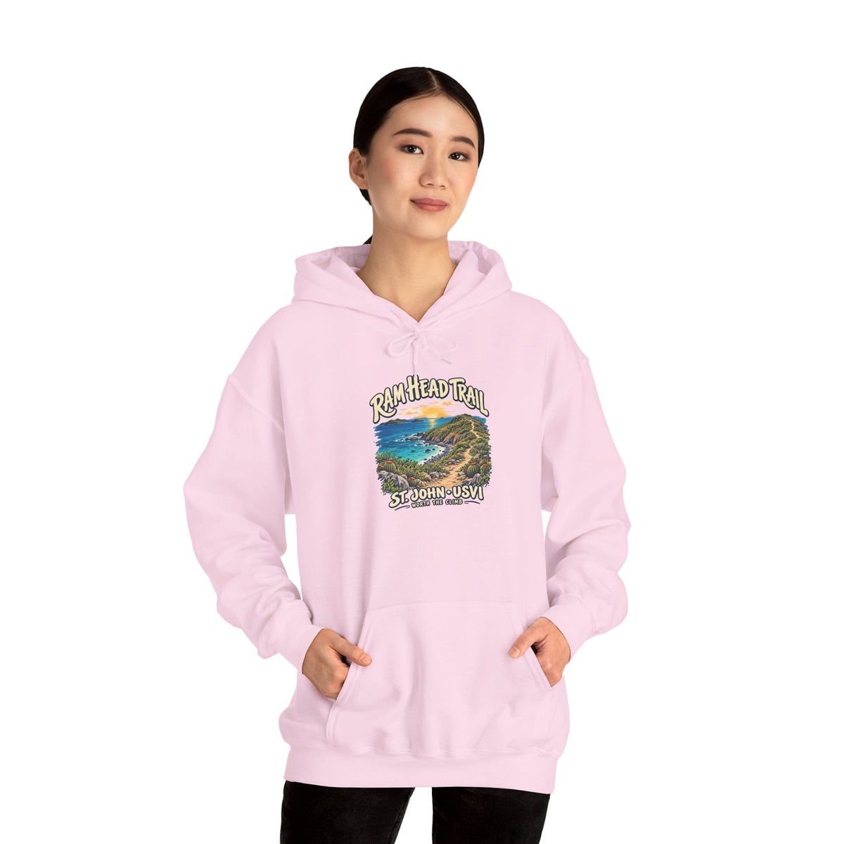 Model wearing a Gildan 18500 hoodie with the Ram Head Trail coastal design and St. John USVI lettering on the front.