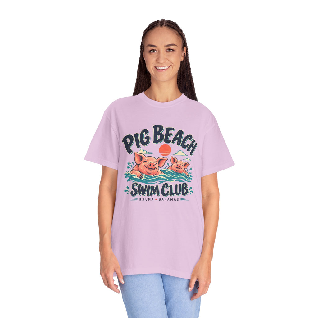 Model wearing the Pig Beach Swim Club Exuma Bahamas Comfort Colors 1717 T-shirt.