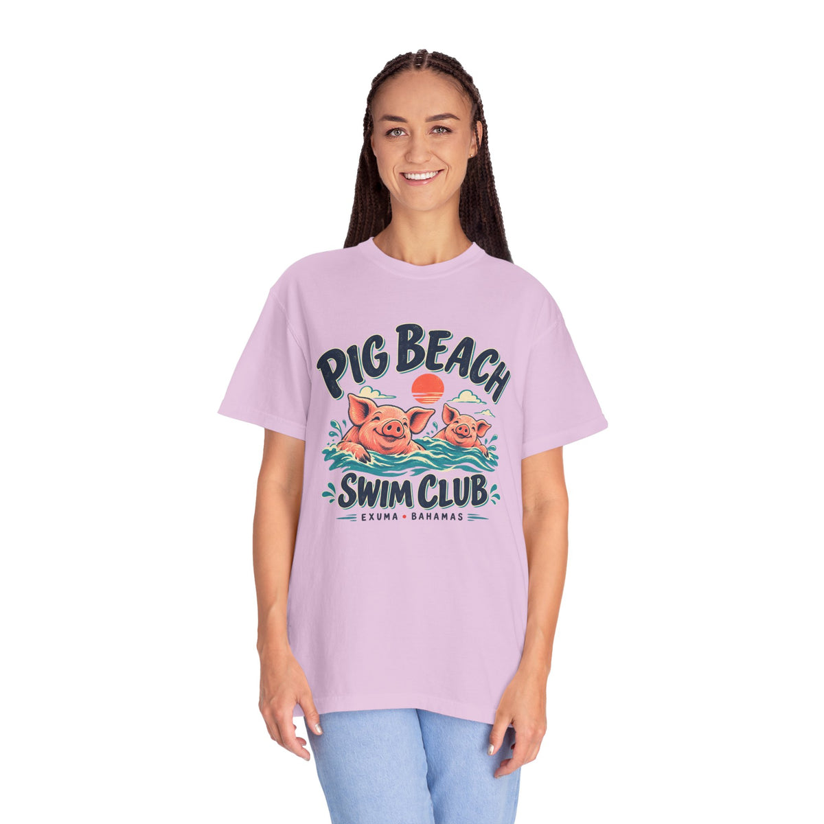 Model wearing the Pig Beach Swim Club Exuma Bahamas Comfort Colors 1717 T-shirt.