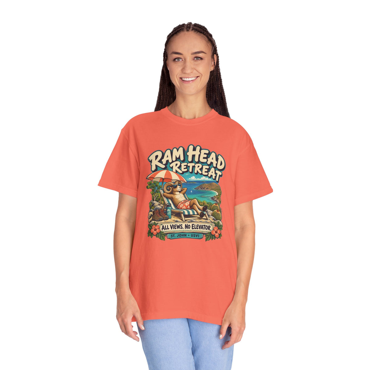 Model wearing a Comfort Colors 1717 T-shirt with the Ram Head Retreat lounging ram illustration and St. John USVI lettering.