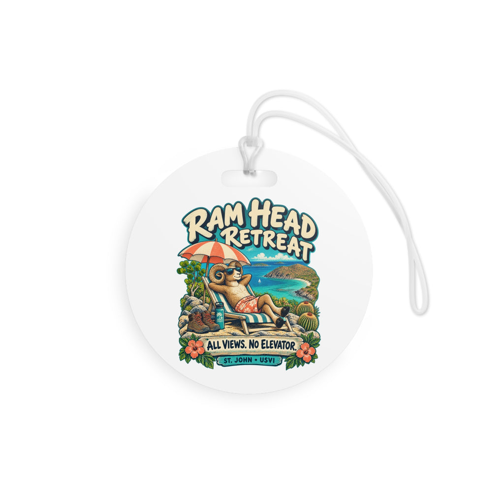 Ram Head Retreat St John USVI luggage tag with relaxing ram artwork, product mockup 4
