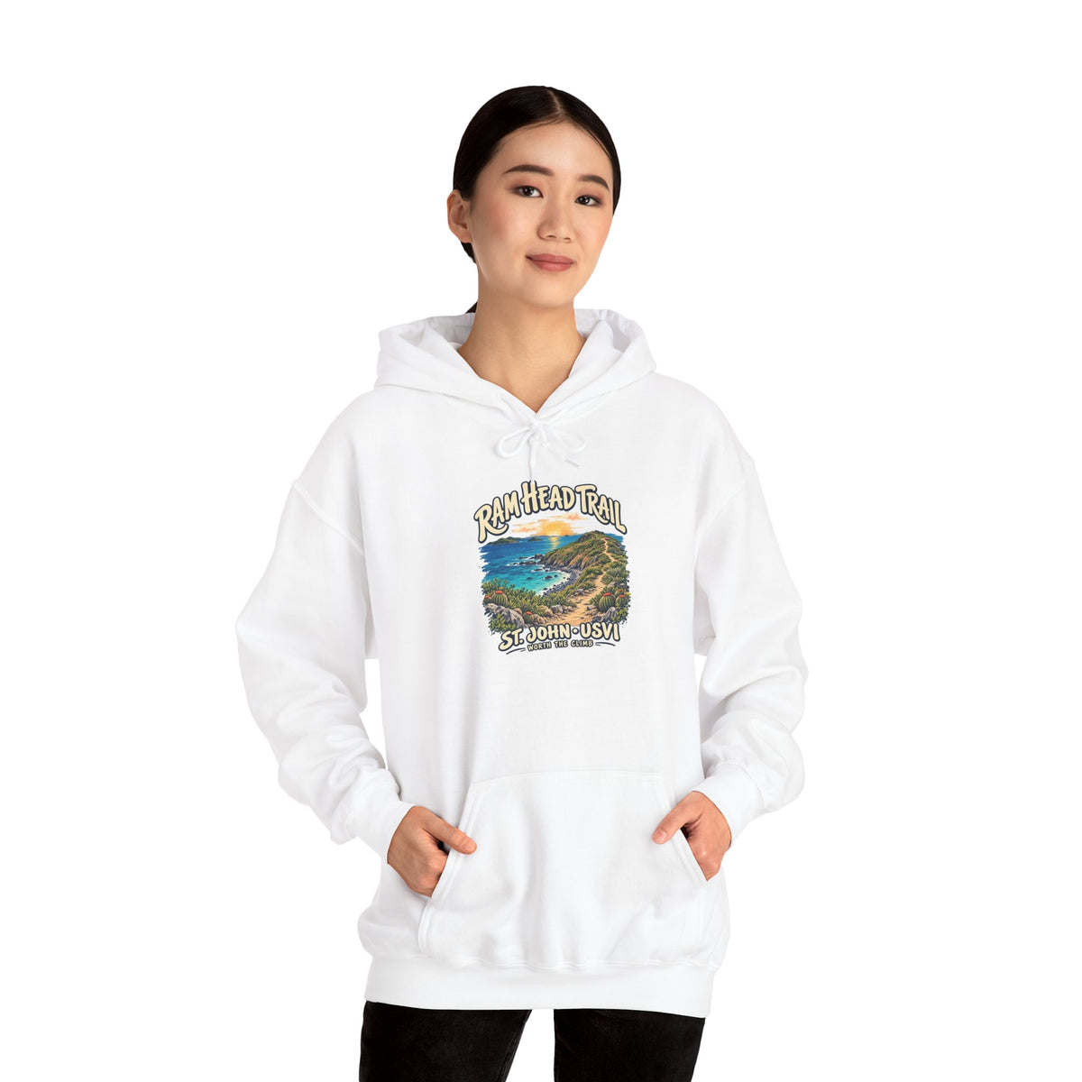 Model wearing a Gildan 18500 hoodie with the Ram Head Trail coastal design and St. John USVI lettering on the front.