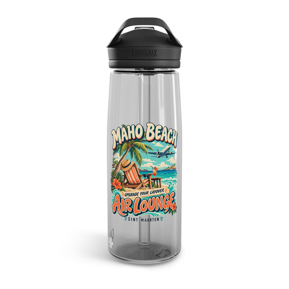 Maho Beach Air Lounge Sint Maarten CamelBak Eddy 25 oz Water Bottle illustrated destination design, product mockup
