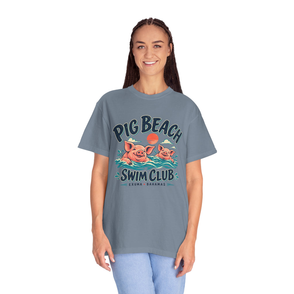 Model wearing the Pig Beach Swim Club Exuma Bahamas Comfort Colors 1717 T-shirt.