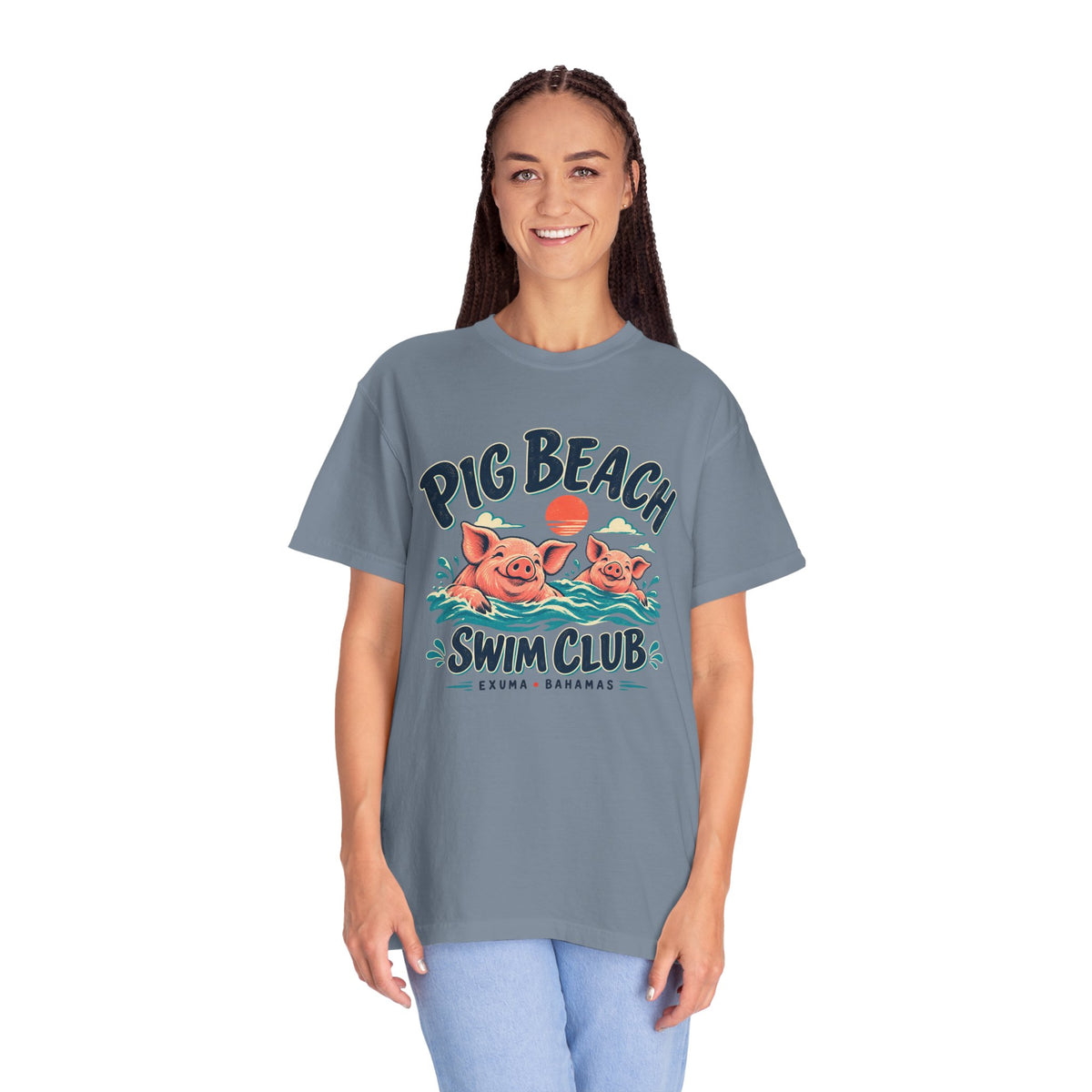 Model wearing the Pig Beach Swim Club Exuma Bahamas Comfort Colors 1717 T-shirt.