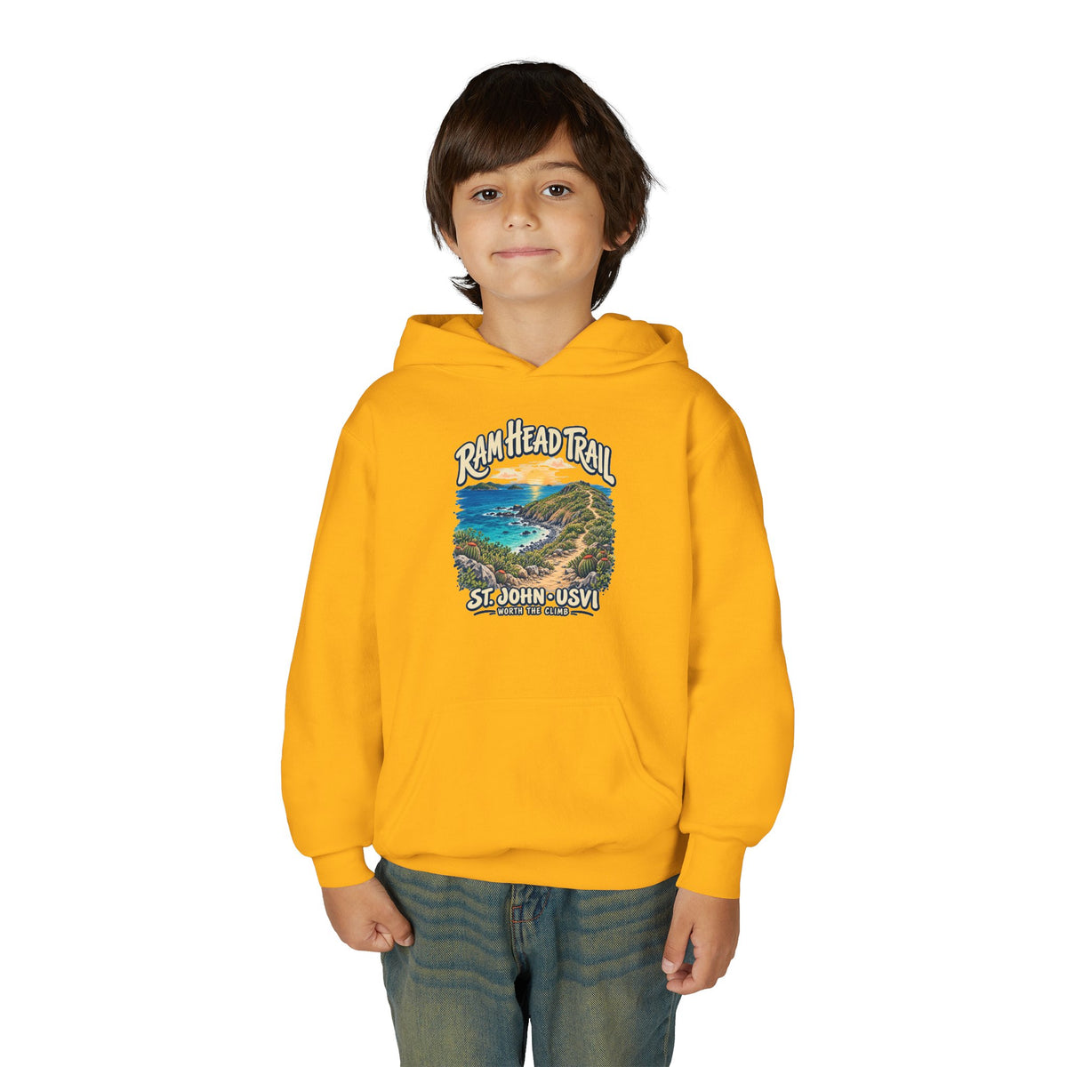 Youth model wearing a Gildan 18500B hoodie with Ram Head Trail St John USVI coastal artwork.