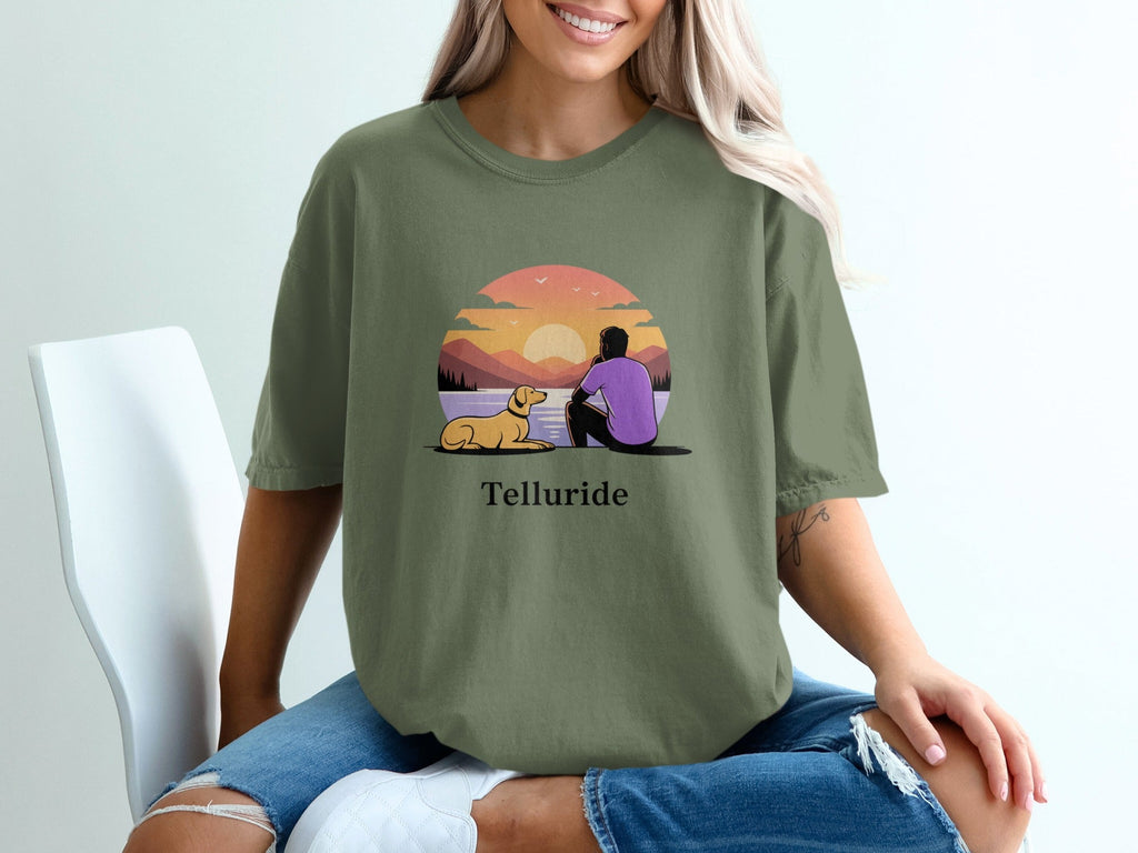 Telluride Sunset Scene with Dog Graphic T-Shirt product