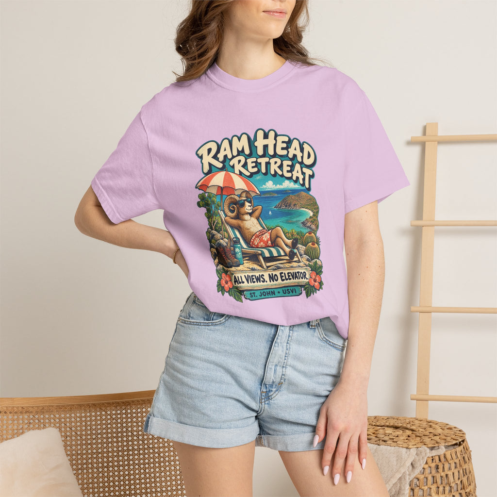 Model wearing a Comfort Colors 1717 T-shirt with the Ram Head Retreat lounging ram illustration and St. John USVI lettering.