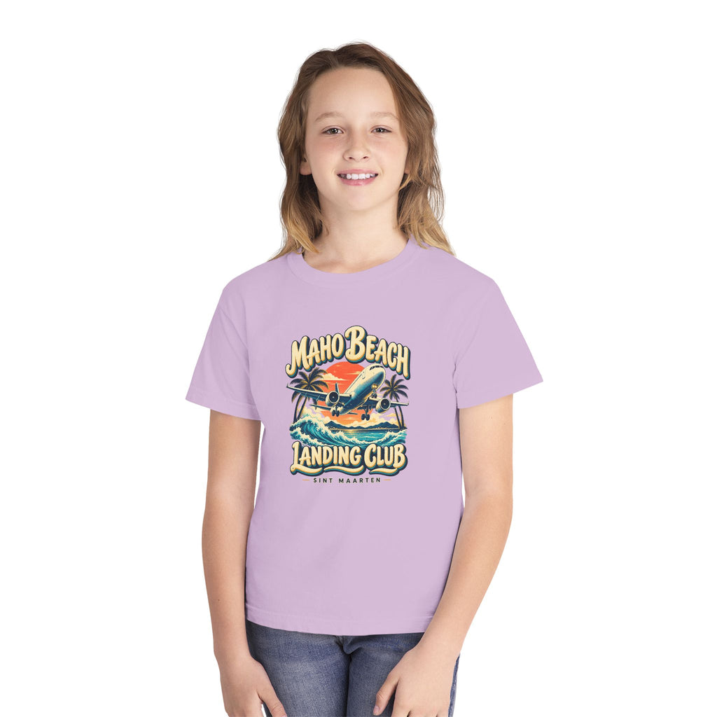 Maho Beach Landing Club Sint Maarten Comfort Colors 9018 Youth T-Shirt featuring the Maho Beach destination artwork, supplier product mockup