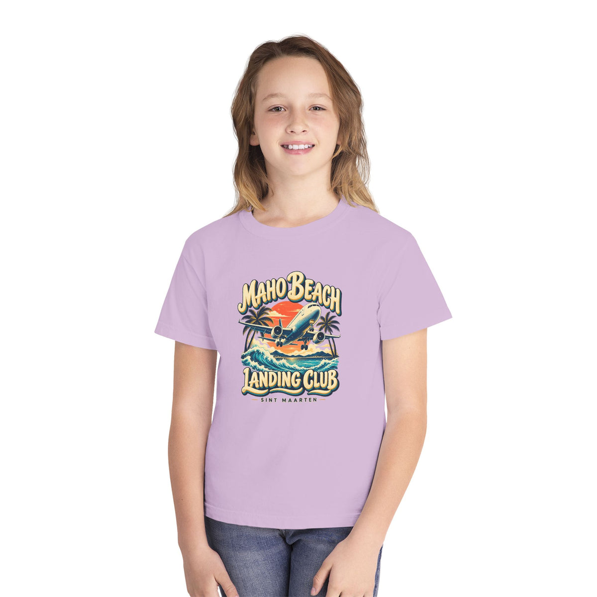 Maho Beach Landing Club Sint Maarten Comfort Colors 9018 Youth T-Shirt featuring the Maho Beach destination artwork, supplier product mockup