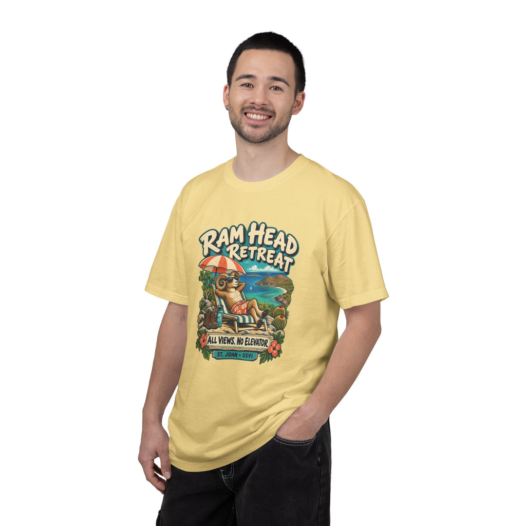 Model wearing a Comfort Colors 1717 T-shirt with the Ram Head Retreat lounging ram illustration and St. John USVI lettering.
