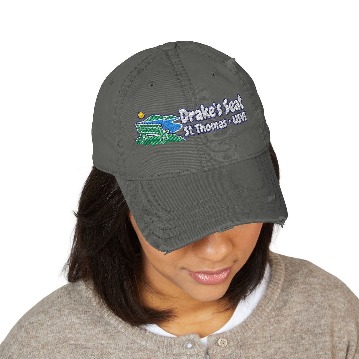 Drake's Seat St. Thomas USVI embroidered distressed OTTO dad hat, product gallery view 1.