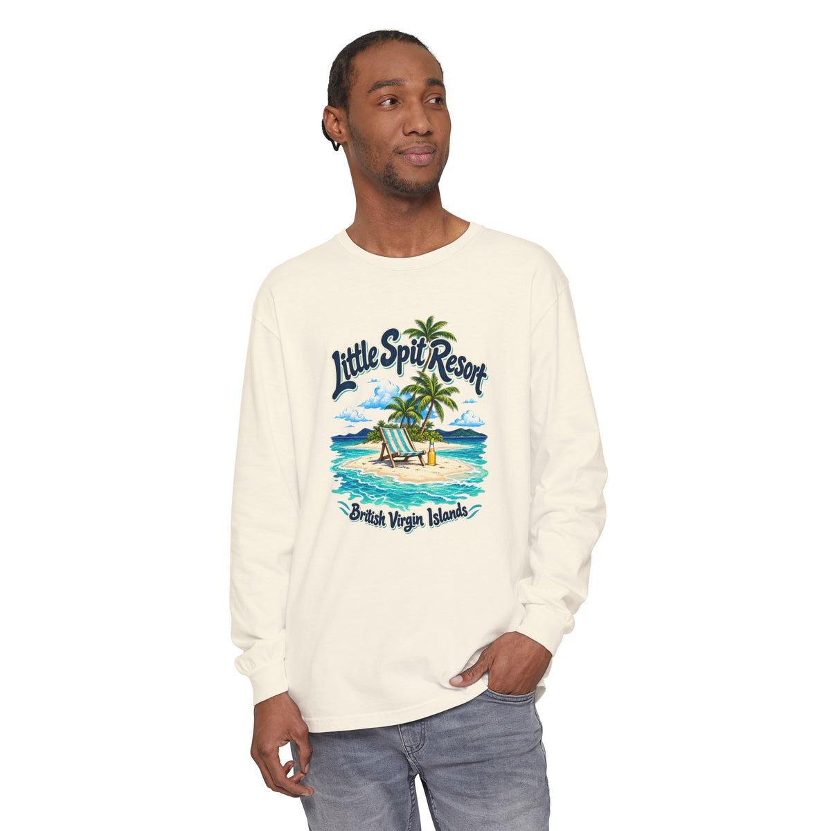 Model wearing the Little Spit Resort BVI Comfort Colors 6014 long-sleeve T-shirt with a beach-chair and palm-tree island graphic.