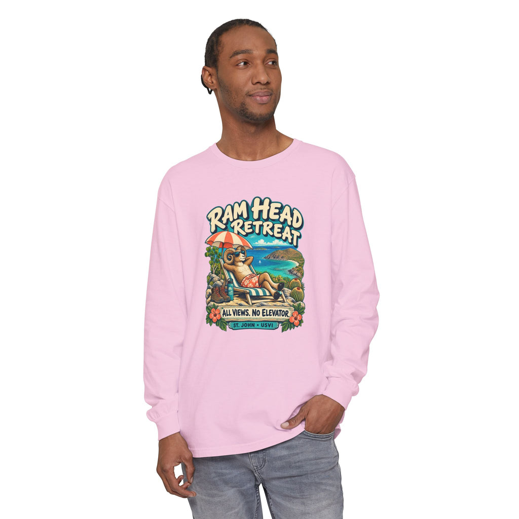 Model wearing Ram Head Retreat St John USVI Comfort Colors 6014 Long-Sleeve T-Shirt with the lounging ram retreat design.