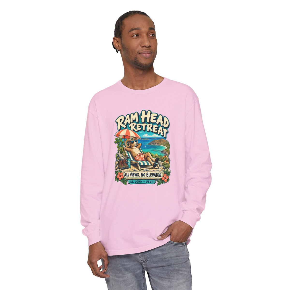 Model wearing Ram Head Retreat St John USVI Comfort Colors 6014 Long-Sleeve T-Shirt with the lounging ram retreat design.