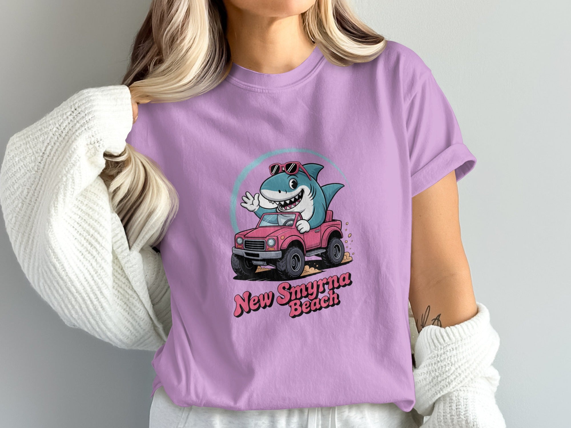 New Smyrna Beach Shark Driving Pink Car T-Shirt product