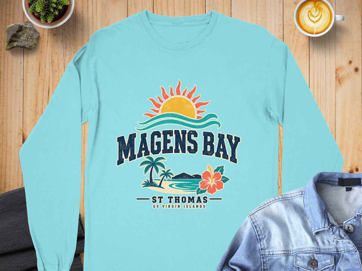 Turquoise long-sleeve shirt with Magens Bay, St. Thomas graphic.