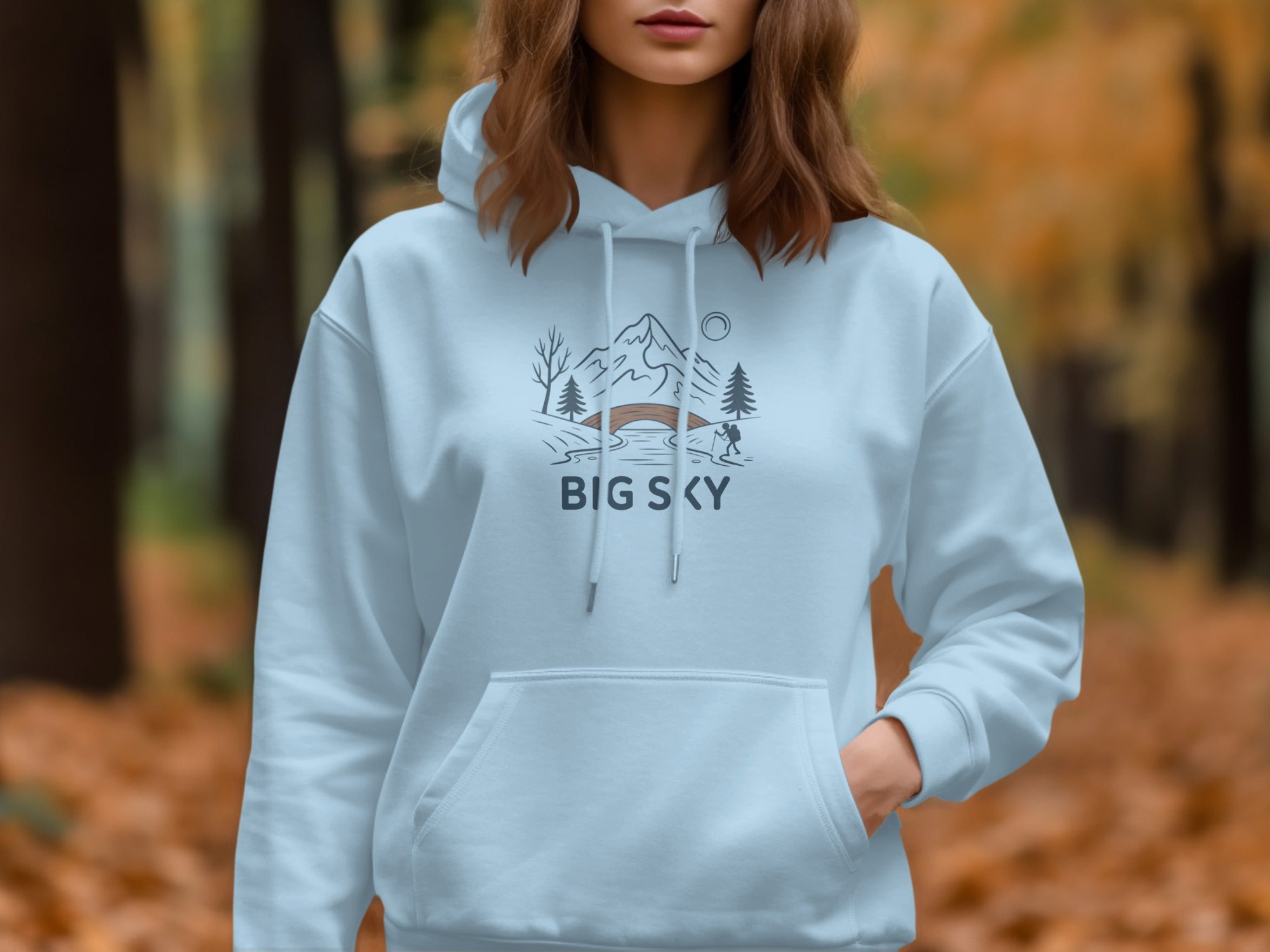 Big Sky Hoodie with Scenic Mountain and Trees Design