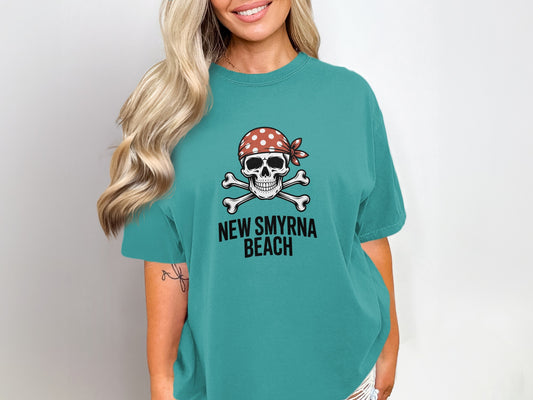 New Smyrna Beach Skull and Crossbones Graphic Shirt product type