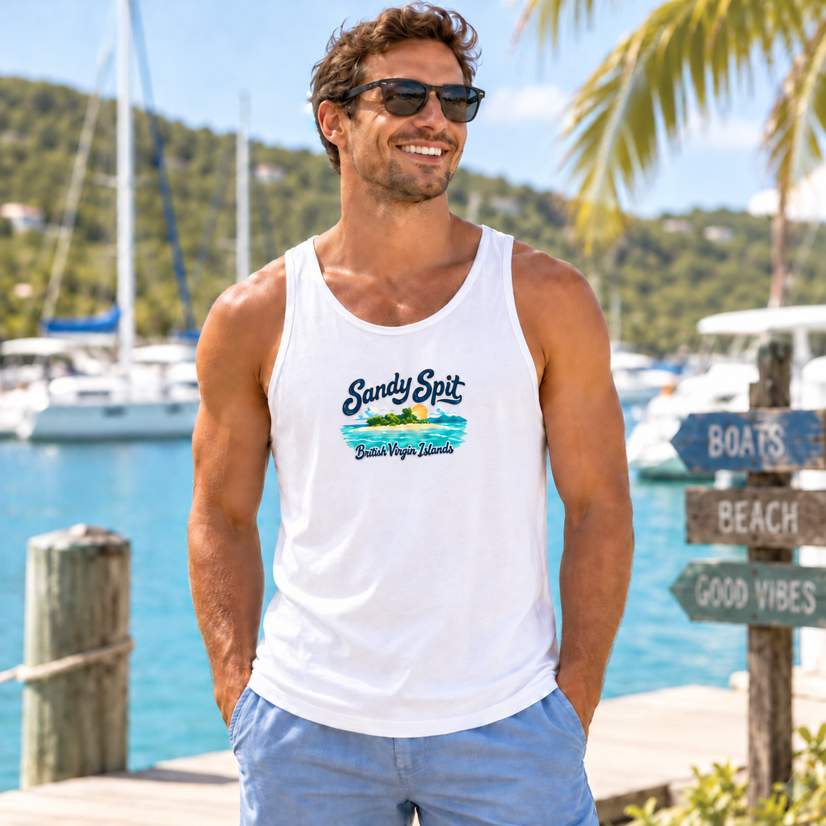 AI lifestyle mockup of a man wearing the white Sandy Spit BVI tank beside a marina