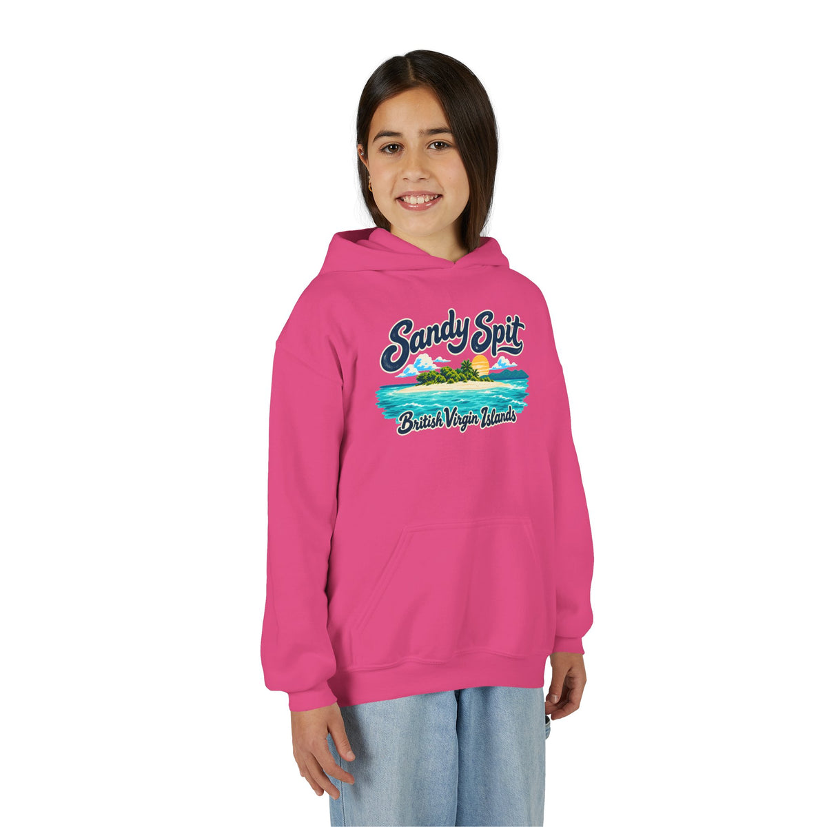 Young model wearing the Sandy Spit BVI Gildan 18500B youth hoodie, front-view mockup.