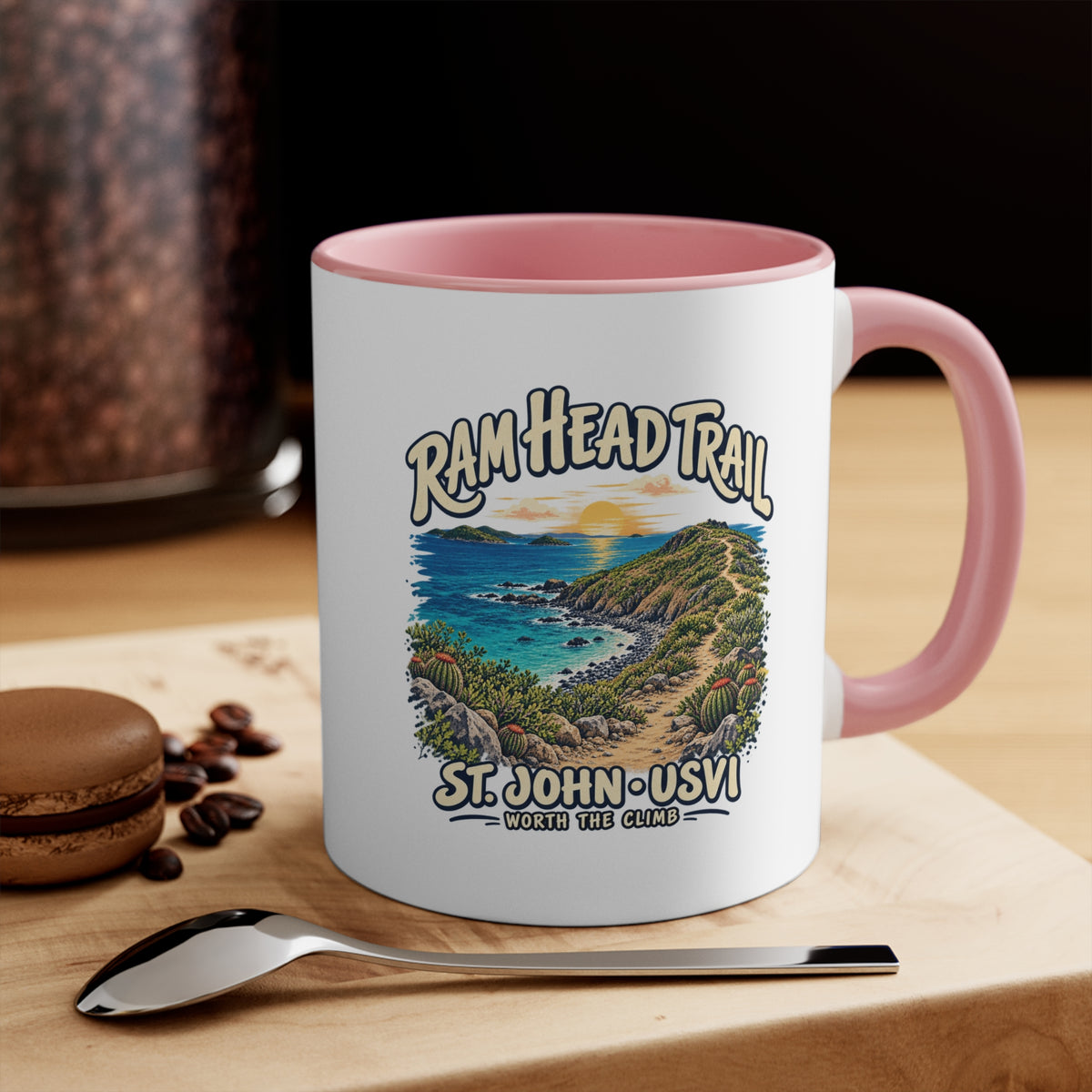 Ram Head Trail St John USVI coastal artwork on the printed side of a ceramic accent coffee mug.