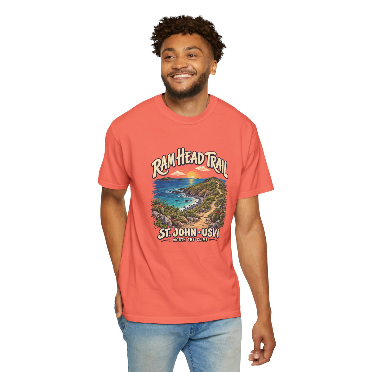 Model wearing a Comfort Colors 1717 T-shirt with the Ram Head Trail coastal illustration and St. John USVI lettering on the front.