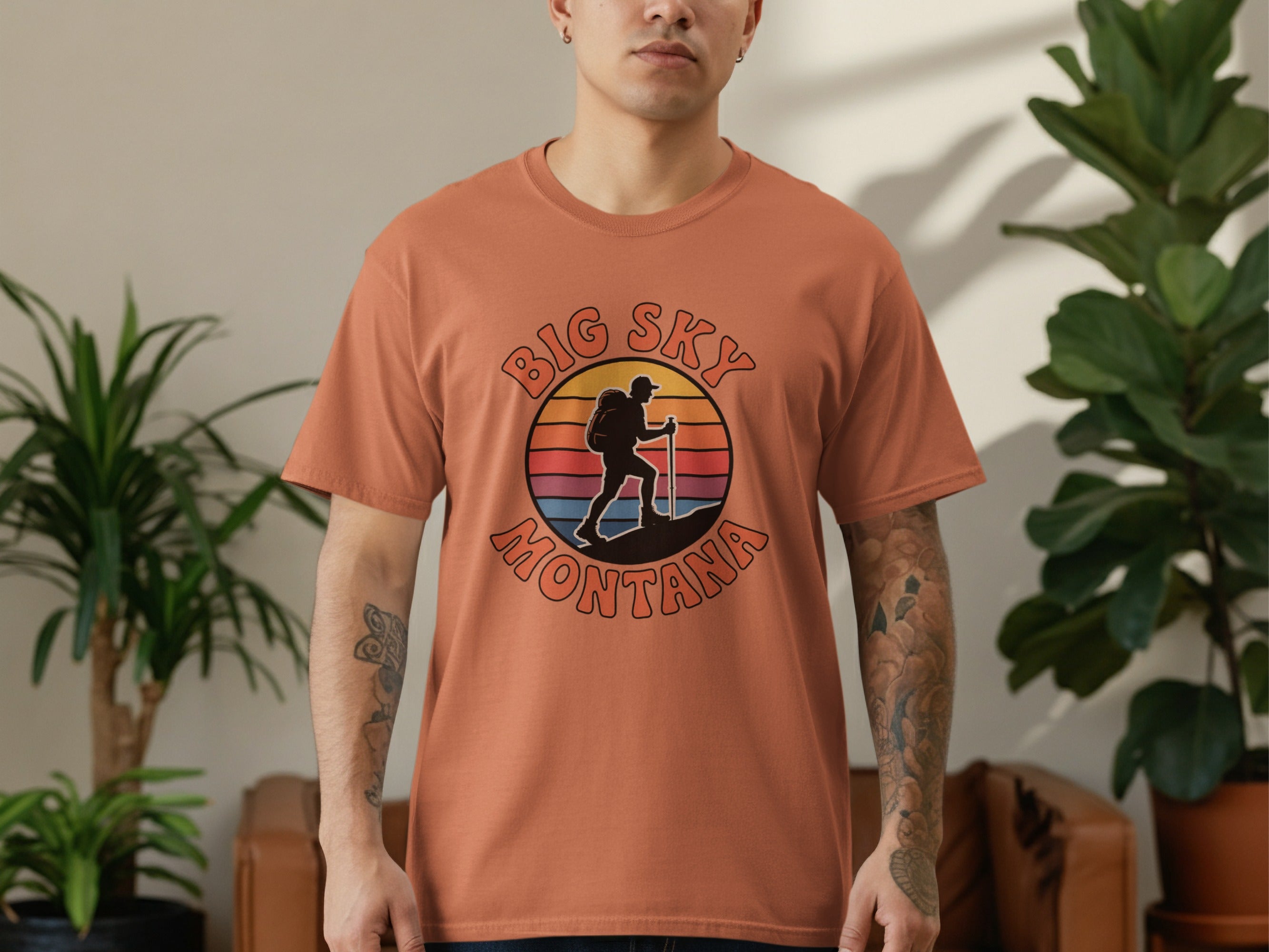 Big Sky Montana T-Shirt with Hiker and Sunset Design