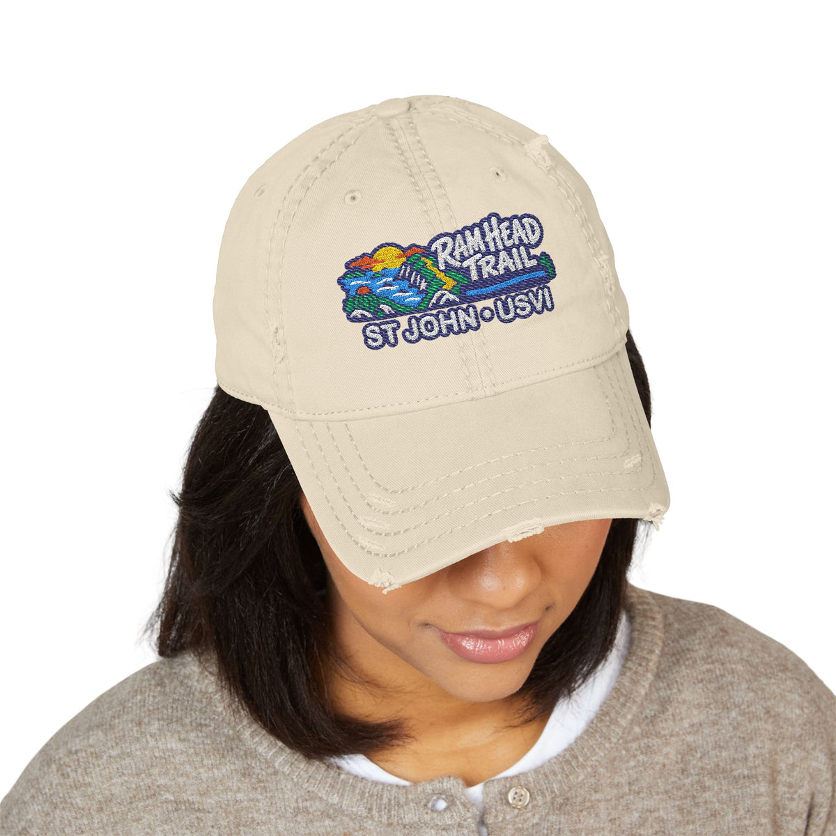 Ram Head Trail St John USVI embroidered distressed dad hat, product and model view 5