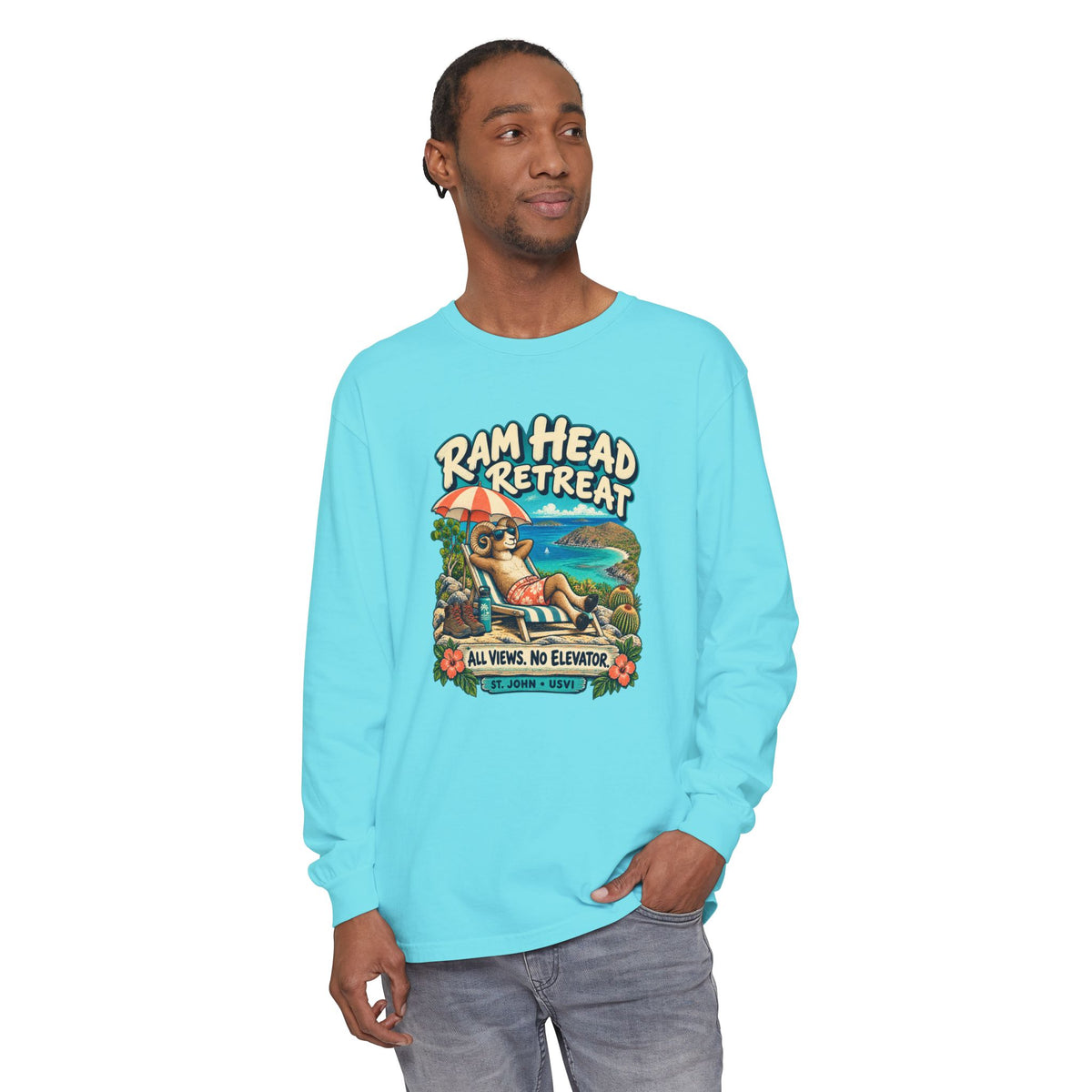 Model wearing Ram Head Retreat St John USVI Comfort Colors 6014 Long-Sleeve T-Shirt with the lounging ram retreat design.