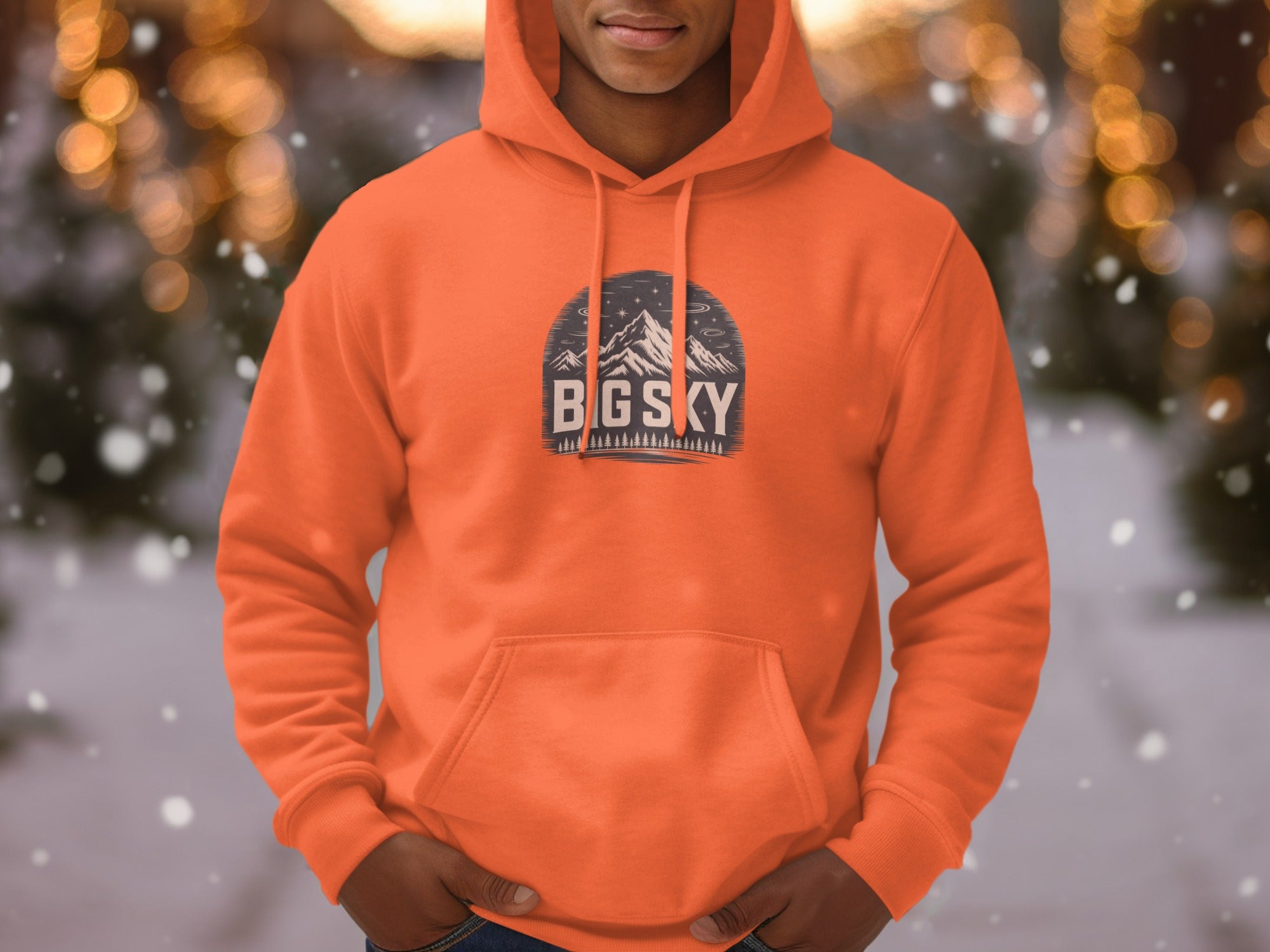 Cozy mountain view BGSKY logo orange hoodie