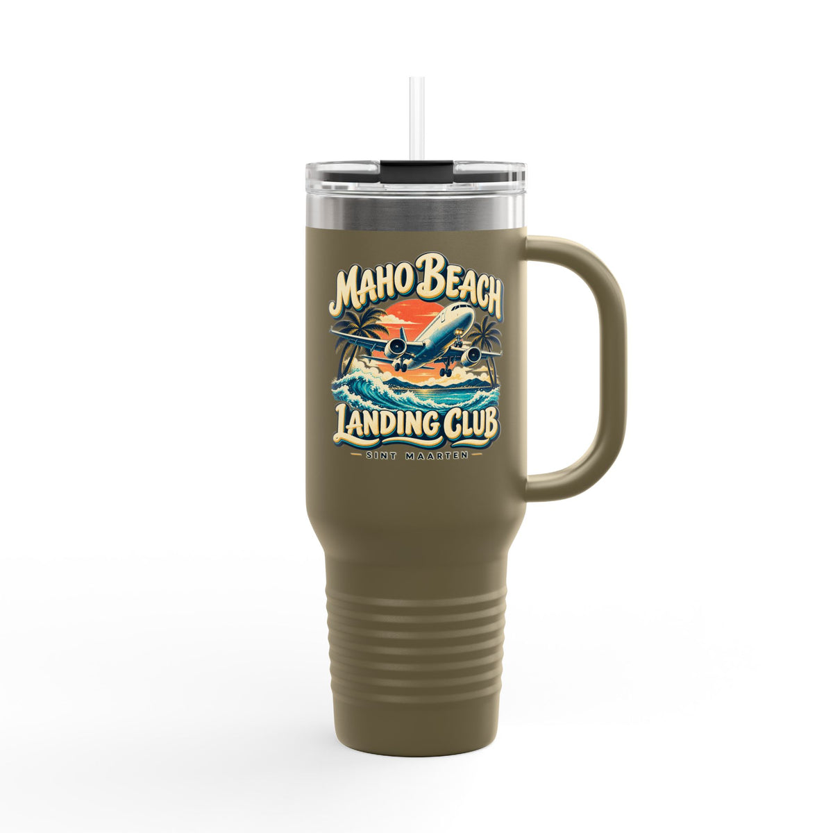 Maho Beach Landing Club Sint Maarten Polar Camel 40 oz Travel Mug illustrated destination design, product mockup