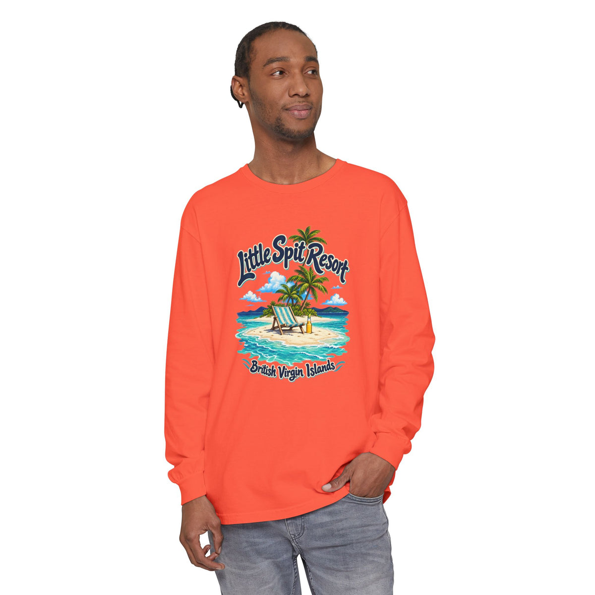 Model wearing the Little Spit Resort BVI Comfort Colors 6014 long-sleeve T-shirt with a beach-chair and palm-tree island graphic.