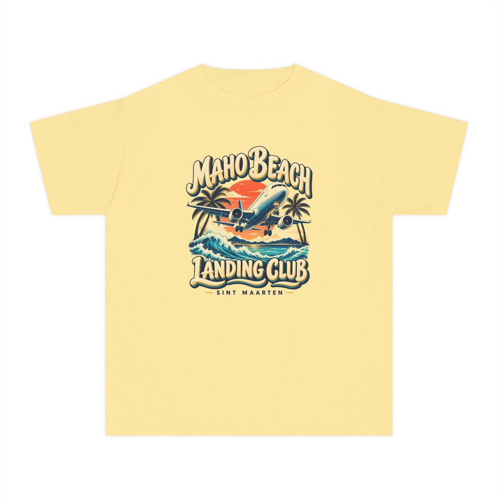 Maho Beach Landing Club Sint Maarten Comfort Colors 9018 Youth T-Shirt featuring the Maho Beach destination artwork, supplier product mockup