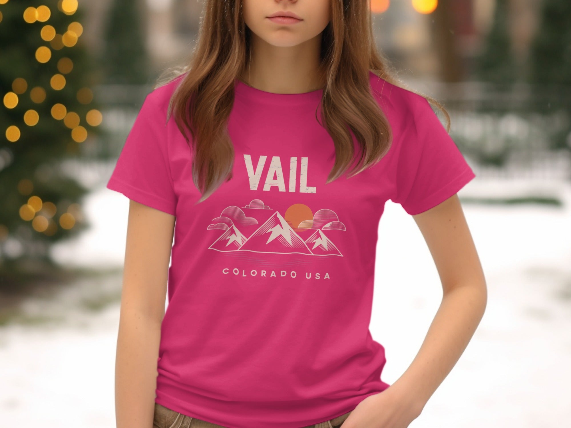 Vail Colorado USA Mountain Scene on Bright Pink Shirt product