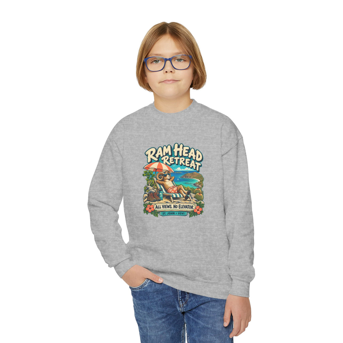 Youth model wearing a Gildan 18000B sweatshirt with Ram Head Retreat St John USVI artwork.