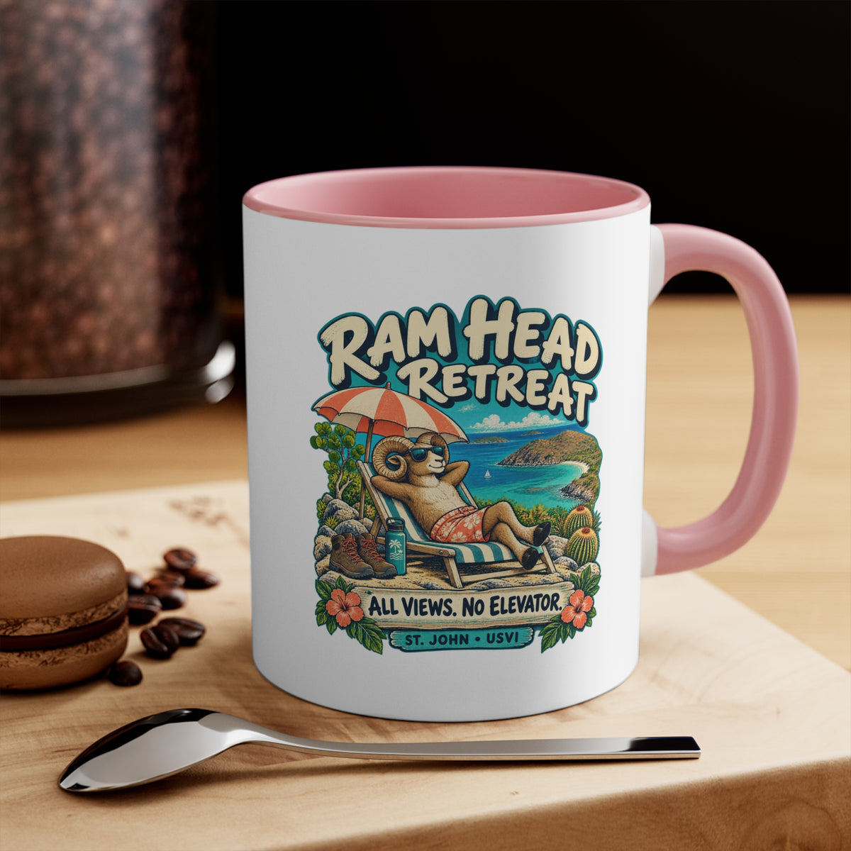 Ram Head Retreat St John USVI accent mug displaying the lounging ram design on its printed side.