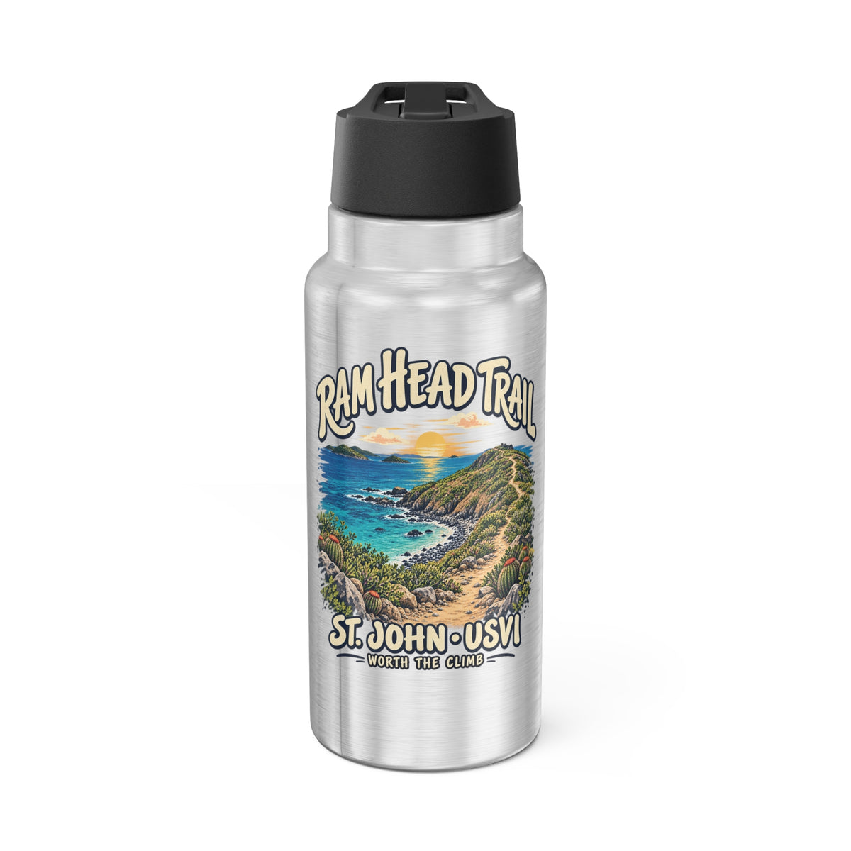 Silver Gator 32 oz tumbler with Ram Head Trail St John USVI coastal artwork, black lid and straw.