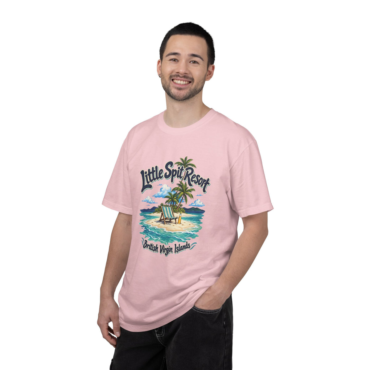 Model wearing the Little Spit Resort BVI Comfort Colors 1717 T-shirt with a playful beach-chair, palm-tree, and bottle illustration.
