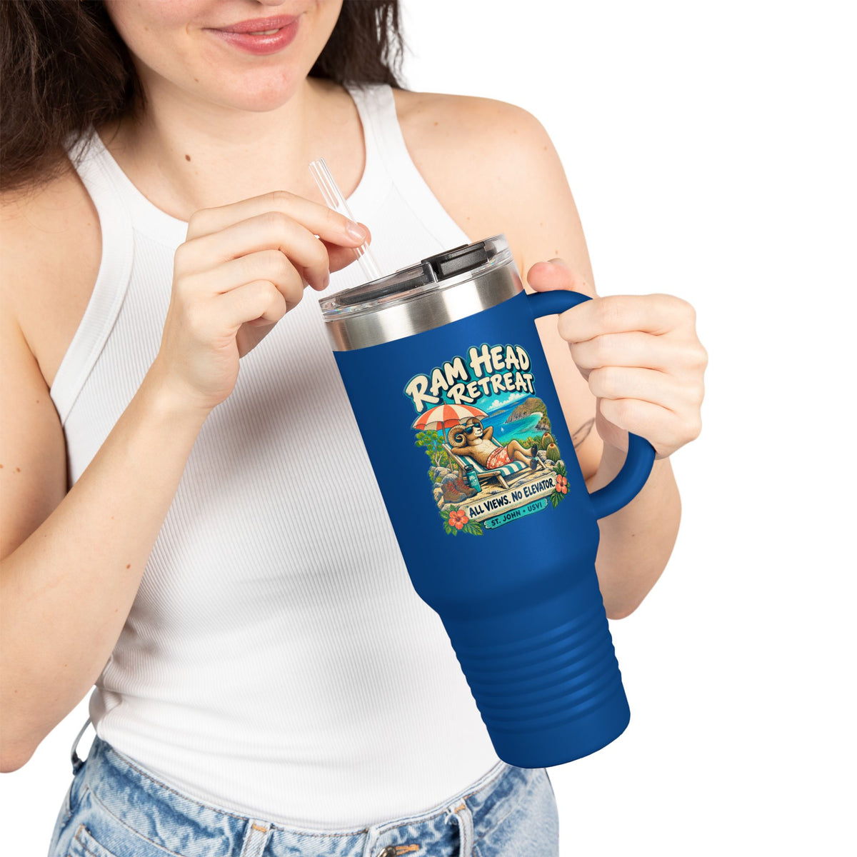 Ram Head Retreat St John USVI artwork on a Polar Camel 40 oz travel mug with handle, lid and straw.