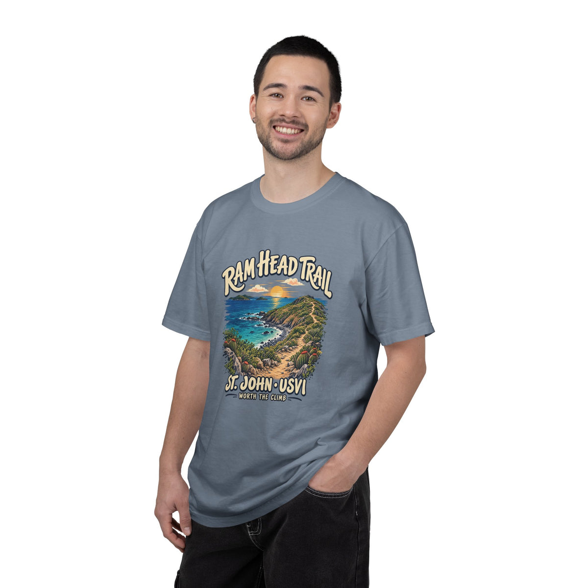 Model wearing a Comfort Colors 1717 T-shirt with the Ram Head Trail coastal illustration and St. John USVI lettering on the front.